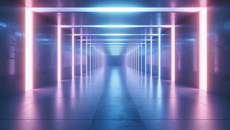 Neon-lit corridor creating perspective. Concept of modern design and architecture.の素材
