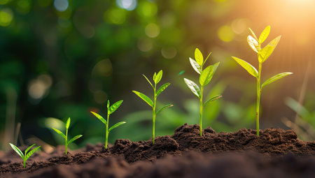 Young sprouts against sunlight. Growth and sustainability concept.の素材