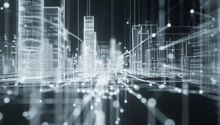 Digital cityscape with outlines of buildings. Virtual reality concept.の素材