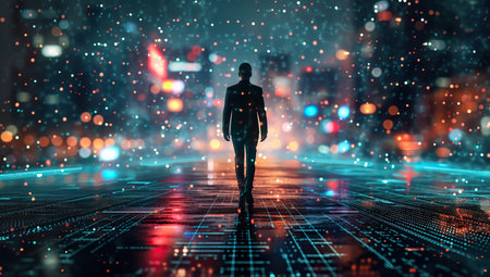 Silhouette of a person against futuristic city with bright lights. Concept of the future and technology.の素材