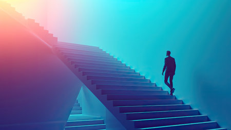 Person ascending a staircase leading towards bright light. The concept of career growth and ambition.の素材