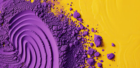 Purple and yellow colored powders forming spiral patterns. The concept of art and creativity.の素材