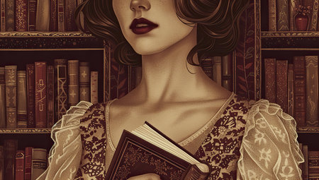 Woman with book against bookshelves background.の素材