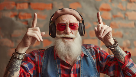 Portrait of an elderly Caucasian man in sunglasses listening to music and raising his hands up. Musical enjoyment and youthful spirit concept.の素材