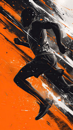 Running athlete on an orange-black background with splashes. The concept of sports and motion.の素材