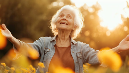 Portrait of a happy elderly woman greeting the sun with hands in the air against a blooming field backdrop. Gratitude and harmony with nature concept.の素材