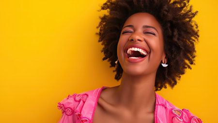 Portrait of a happy young Black woman on a yellow background. Joy and positivity concept.の素材