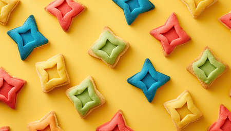 Colorful star-shaped cookies on a yellow background. The concept of celebration and sweets.の素材
