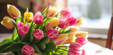 Bouquet of colorful tulips in a bright room. The concept of spring mood and celebration.の素材