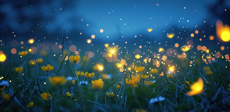 Flowers in a meadow with magical lights. Concept of nature and magic.の素材