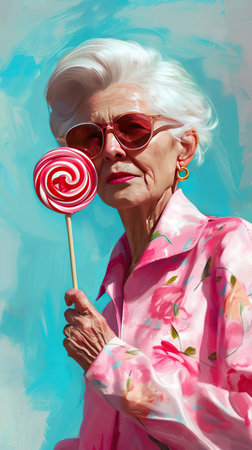 Elderly woman with a lollipop on a stick against a blue sky. The concept of joyfulness and ageless spirit.の素材