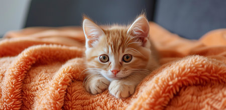 Ginger kitten in an orange blanket. The concept of home comfort and cuteness.の素材