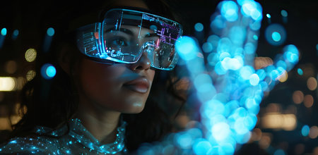 Woman in glowing glasses against a night city backdrop. The concept of augmented reality.の素材