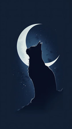 Silhouette of a cat against the moon and stars. The concept of mystery and night.の素材