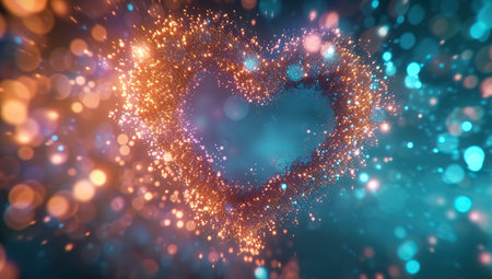 Heart of golden sparks on a turquoise background with bokeh, the concept of love and romance.の素材