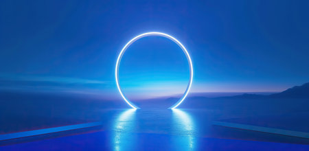 Neon circle against a misty seascape. The concept of tranquility and minimalism.の素材