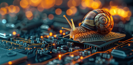 Snail on a motherboard, the concept of slow internet or technological progress.の素材
