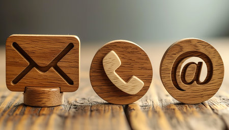 Wooden symbols of email, phone call, and website on a textured background. The concept of communication.の素材