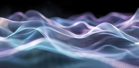Wavy lines of glowing dots on a dark background. Concept of technology and digital art.の素材