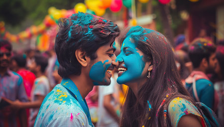 Couple covered in Holi paints laughing. The concept of the Holi festival and joy.の素材