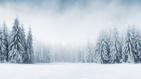 Snow-covered forest under a heavy winter sky.の素材