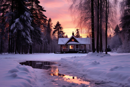 The country house stands in the middle of a snow-covered forest at sunset.の素材