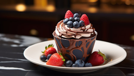 Chocolate cupcake with chocolate topping, berries, and strawberries on a white plate.の素材