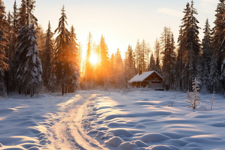 In the middle of a snow-covered forest stands a wooden house in the early morning. There is a path leading to the house.の素材