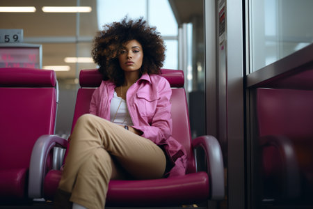 a dark skinned woman wearing a white T-shirt and a pink jacket, he is sitting on a chair in the waiting room in the airport building. The concept of air travel.の素材