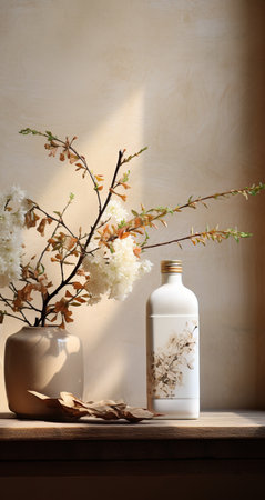 A white bottle with flower prints next to a vase with white flowers on a light background.の素材