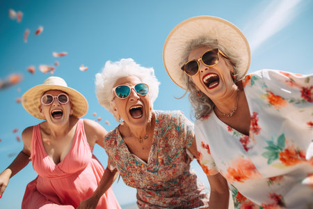 Three elderly Caucasian women laughing under the summer skyの素材