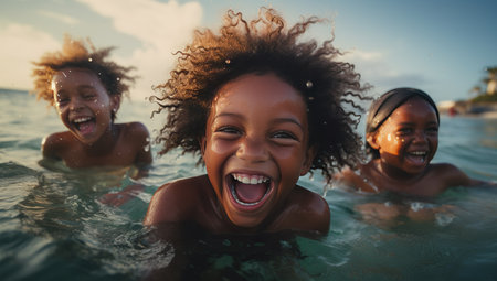 Three dark-skinned teenage girls joyfully splashing in the sea.の素材