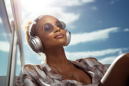 Young African-American woman in headphones and sunglasses enjoying music under sunlight.の素材