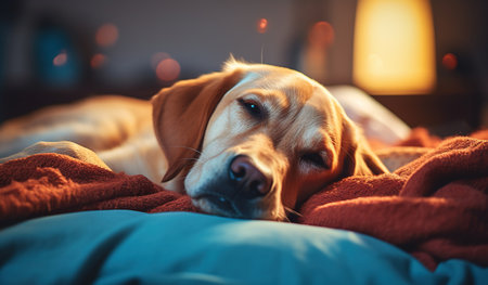 A dog rests on a bed in a dimly lit room illuminated by a lamp.の素材