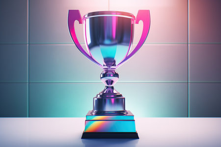 Colorful trophy on a blue background.の素材