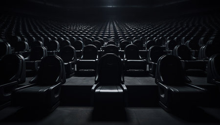 Endless rows of black chairs in a dark room.の素材
