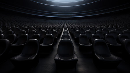Dark amphitheater filled with numerous black chairs.の素材