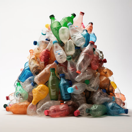 A large pile of multicolored plastic bottles on a white background.の素材