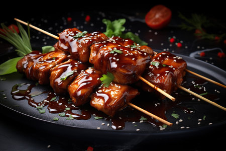 Grilled meat skewers lavishly coated in a salmon-colored sauce, served on a dark plate with greens, red pepper, and a tomato.の素材
