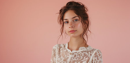 Young European woman with natural hair against a pink background.の素材