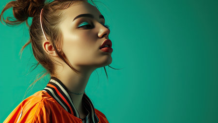 Young Asian woman in bright sporty outfit against green background. Urban fashion and youth concept.の素材