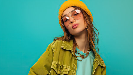 Young woman in yellow beanie and glasses on blue background. Concept of youth urban style.の素材