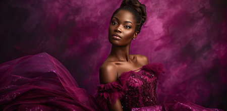 Black model in purple evening dress.の素材