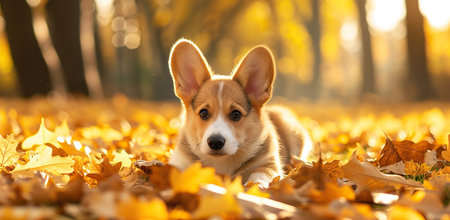 Cute corgi puppy among autumn leaves. Concept of autumn and fun.の素材