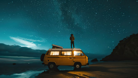 Person on the roof of a camper van observing the starry sky. Concept of travel and freedom.の素材