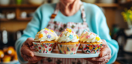 Elderly woman holding cupcakes. Home baking concept.の素材
