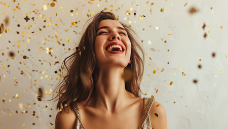 Happy woman in a confetti shower. Celebration and joy concept.の素材