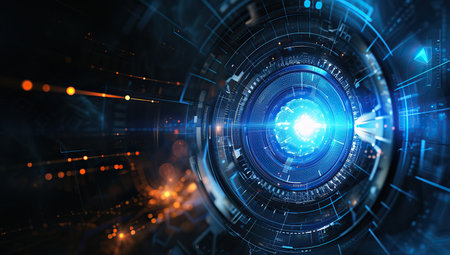 Technological tunnel with blue light. Concept of advanced technology and the future.の素材