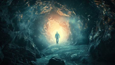 Silhouette of a person in a cave, light at the end of the tunnel. Concept of hope and exploration.の素材