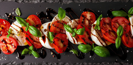 Caprese salad on a black background. The concept of Italian cuisine.の素材
